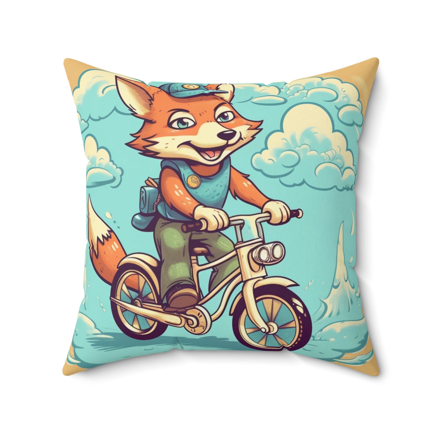 Fox Bike Ride Adventure Graphic Cyclist Spun Polyester Square Pillow