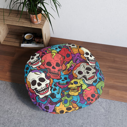 Psychedelic Rainbow Skull Head Pattern, Vibrant Colors - Tufted Floor Pillow, Round