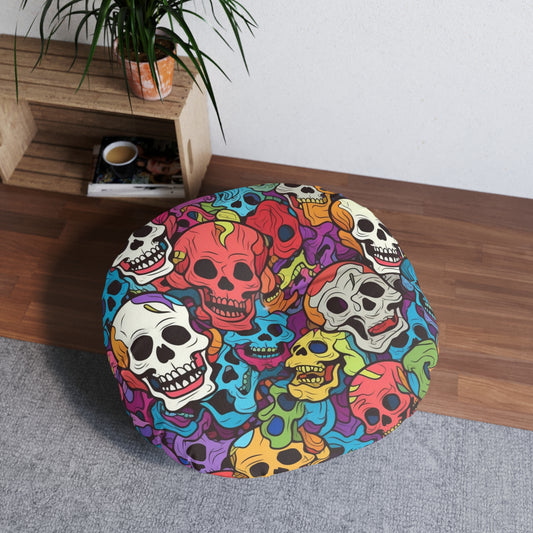 Psychedelic Rainbow Skull Head Pattern, Vibrant Colors - Tufted Floor Pillow, Round