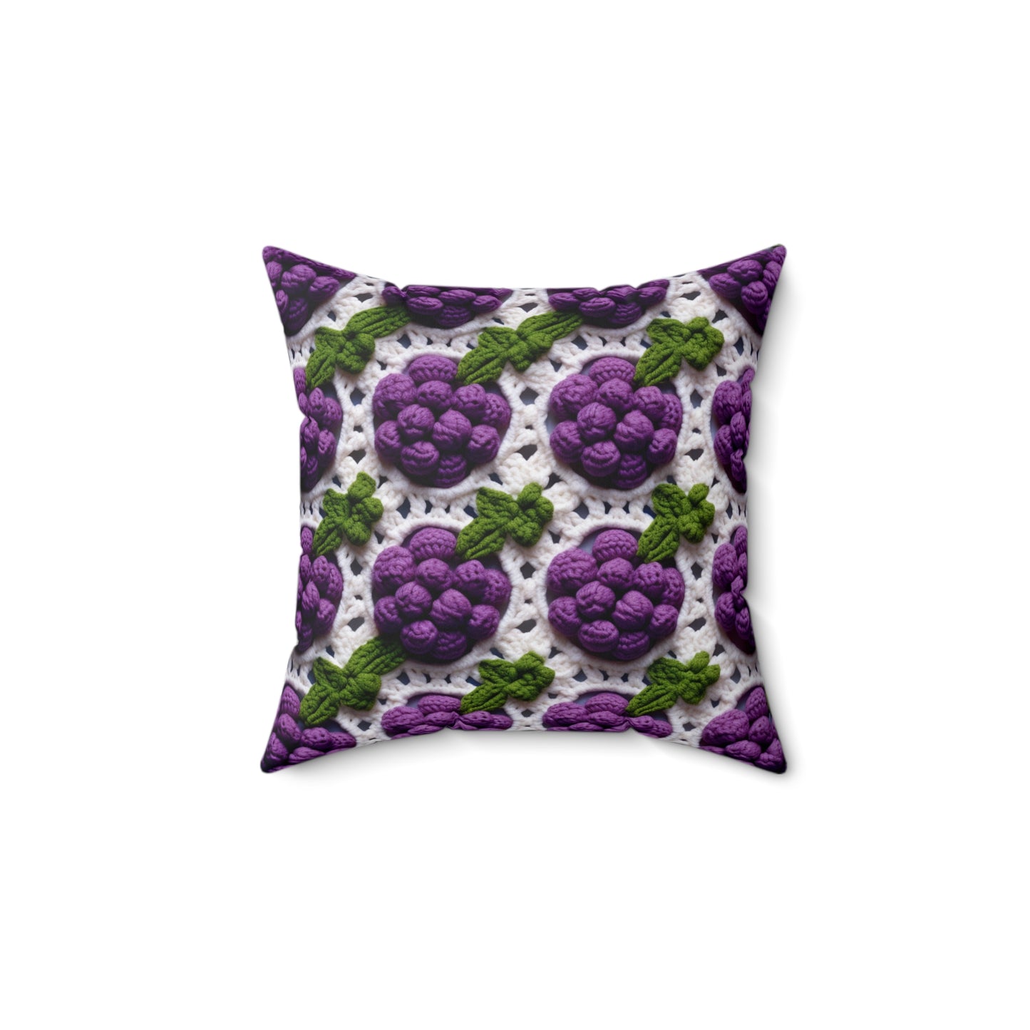 Crochet Grapes Pattern - Granny Square Design - Fresh Fruit Pick - Orchard Purple Snack Food - Spun Polyester Square Pillow