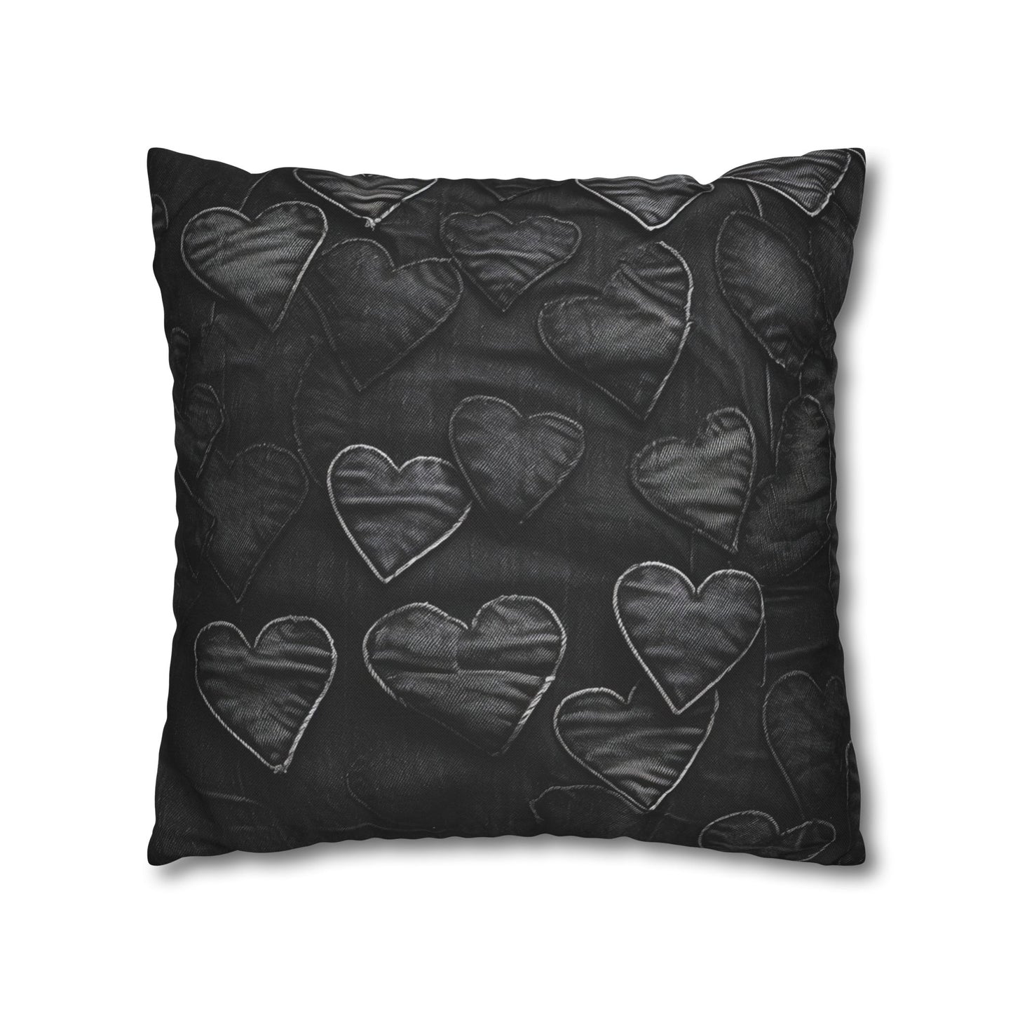 Black: Distressed Denim-Inspired Fabric Heart Embroidery Design - Spun Polyester Square Pillow Case