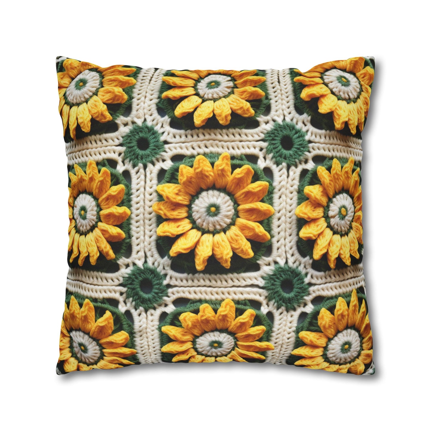 Sunflower Crochet Elegance, Granny Square Design, Radiant Floral Motif. Bring the Warmth of Sunflowers to Your Space - Spun Polyester Square Pillow Case