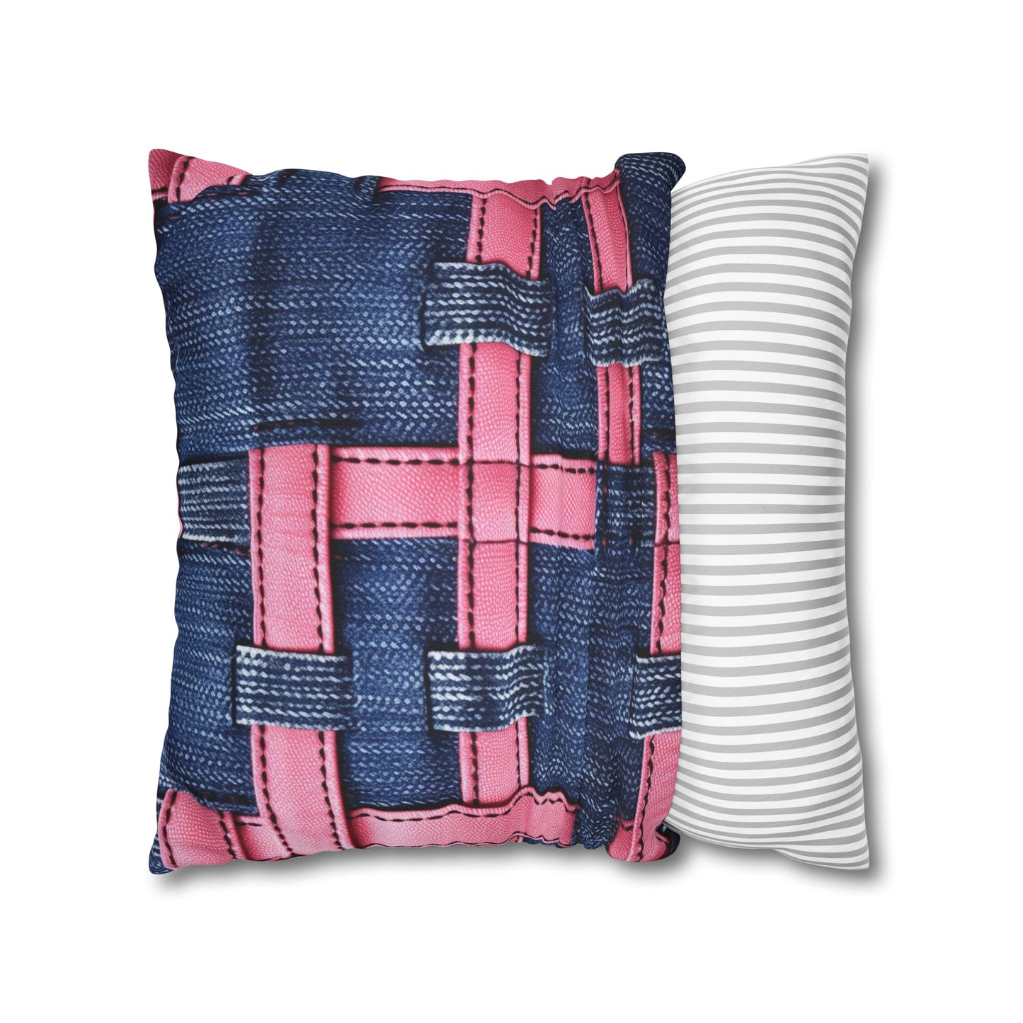 Candy-Striped Crossover: Pink Denim Ribbons Dancing on Blue Stage - Spun Polyester Square Pillow Case