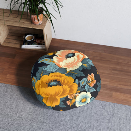 Vintage 50s 60s Inspired High-Waisted Floral Flower Pattern Tufted Floor Pillow, Round