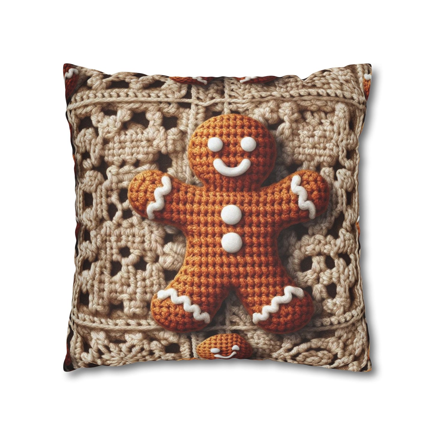 Rustic Gingerbread Delights: Christmas Crochet Gingerbread Men on Classic Beige Granny Squares - Spun Polyester Square Pillow Case