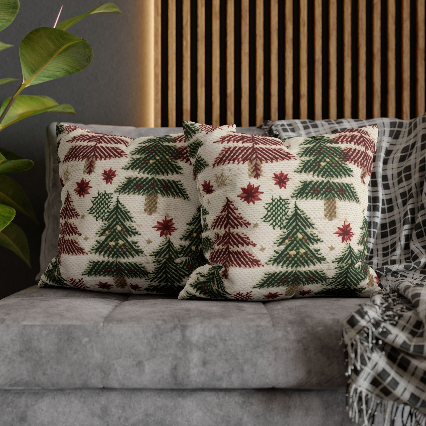 Embroidered Christmas Winter, Festive Holiday Stitching, Classic Seasonal Design - Spun Polyester Square Pillow Case