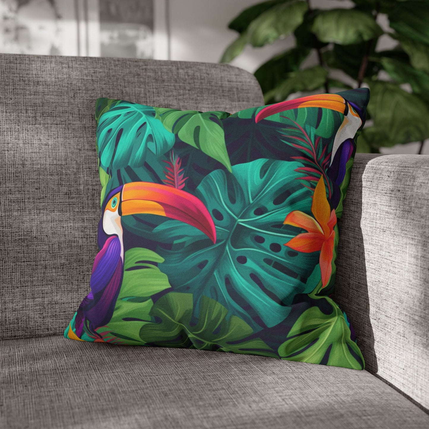 Vivid Tropical Birds & Leaves - Seamless Pattern Spun Polyester Square Pillow Case