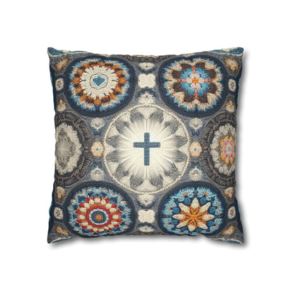 Bohemian Crochet Mandala with Centered Christian Cross - Earthy Tones Mosaic - Spun Polyester Square Pillow Case