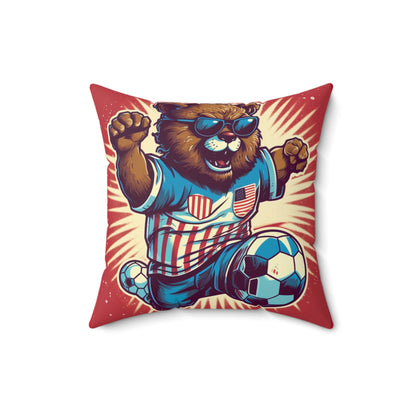 Soccer Stars and Stripes: Patriotism Patriotic Bear Playing Ball Spun Polyester Square Pillow