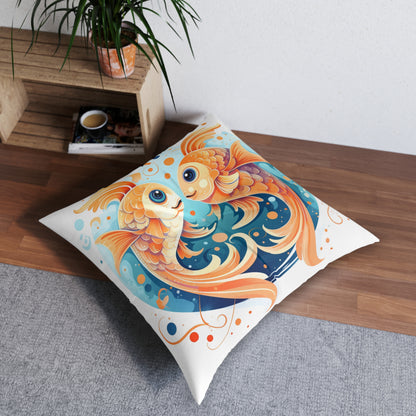 Charming Cartoon Fish Pisces - Dreamy Zodiac Illustration - Tufted Floor Pillow, Square