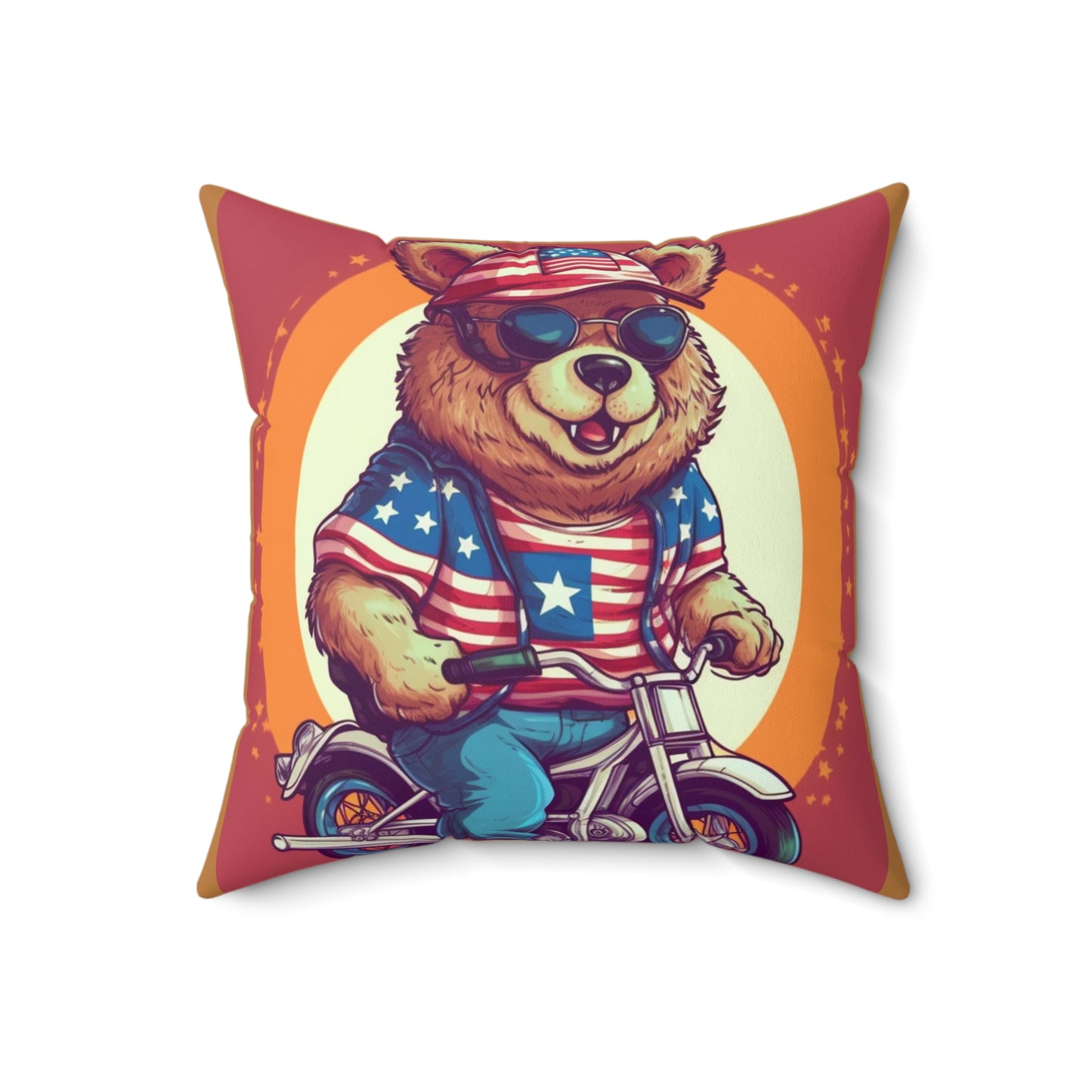 Biking with American Pride: Celebrate 4th of July with the Patriotic Bear's Ride Spun Polyester Square Pillow