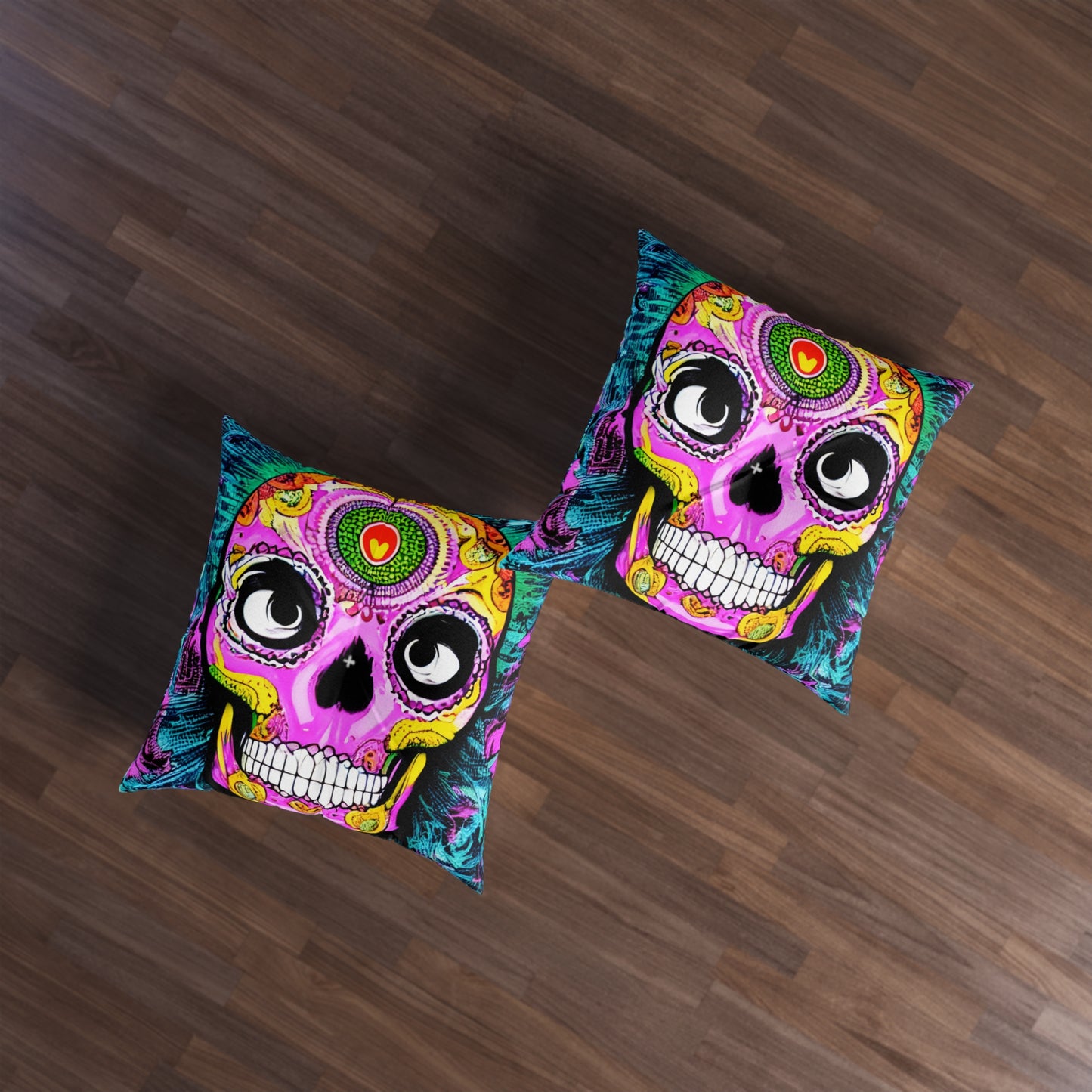 Trippy psychedelic Skull Skeleton Head Face Tufted Floor Pillow, Square