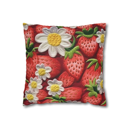 Strawberry Strawberries Embroidery Design - Fresh Pick Red Berry Sweet Fruit - Spun Polyester Square Pillow Case