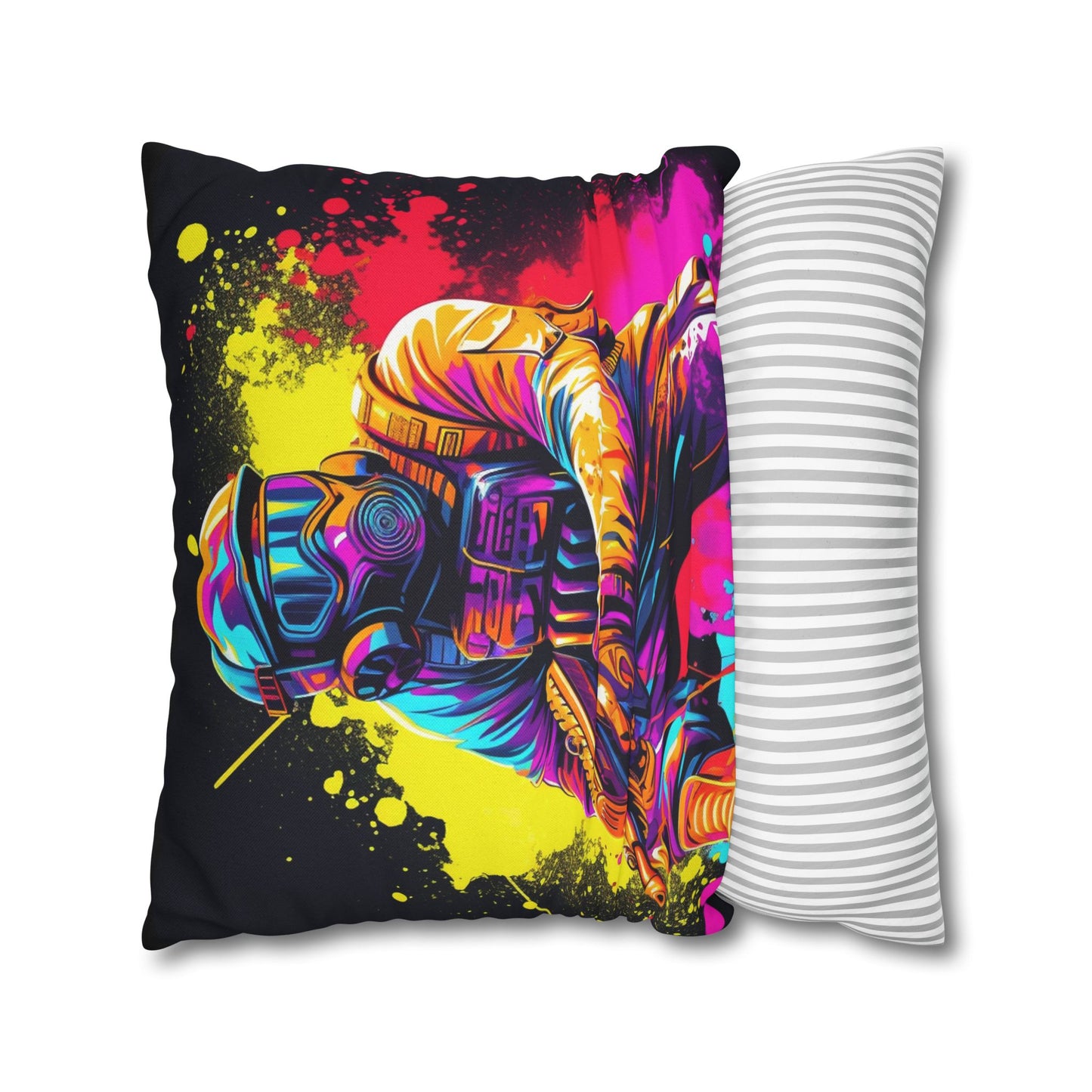 Paintball Action Sport: Player in Battle, Paint Splatter - Spun Polyester Square Pillow Case