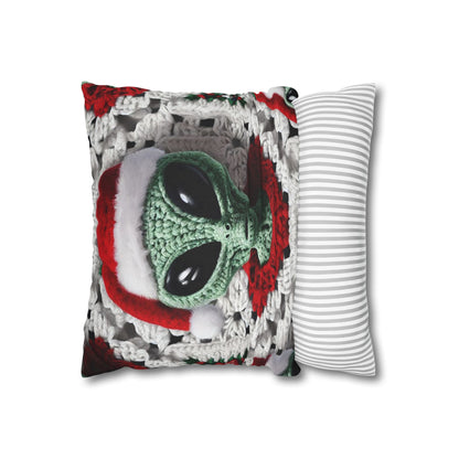 Santa's Cosmic Secret: Jolly Green Christmas Extraterrestrial with Festive Attire Crochet Art - Spun Polyester Square Pillow Case