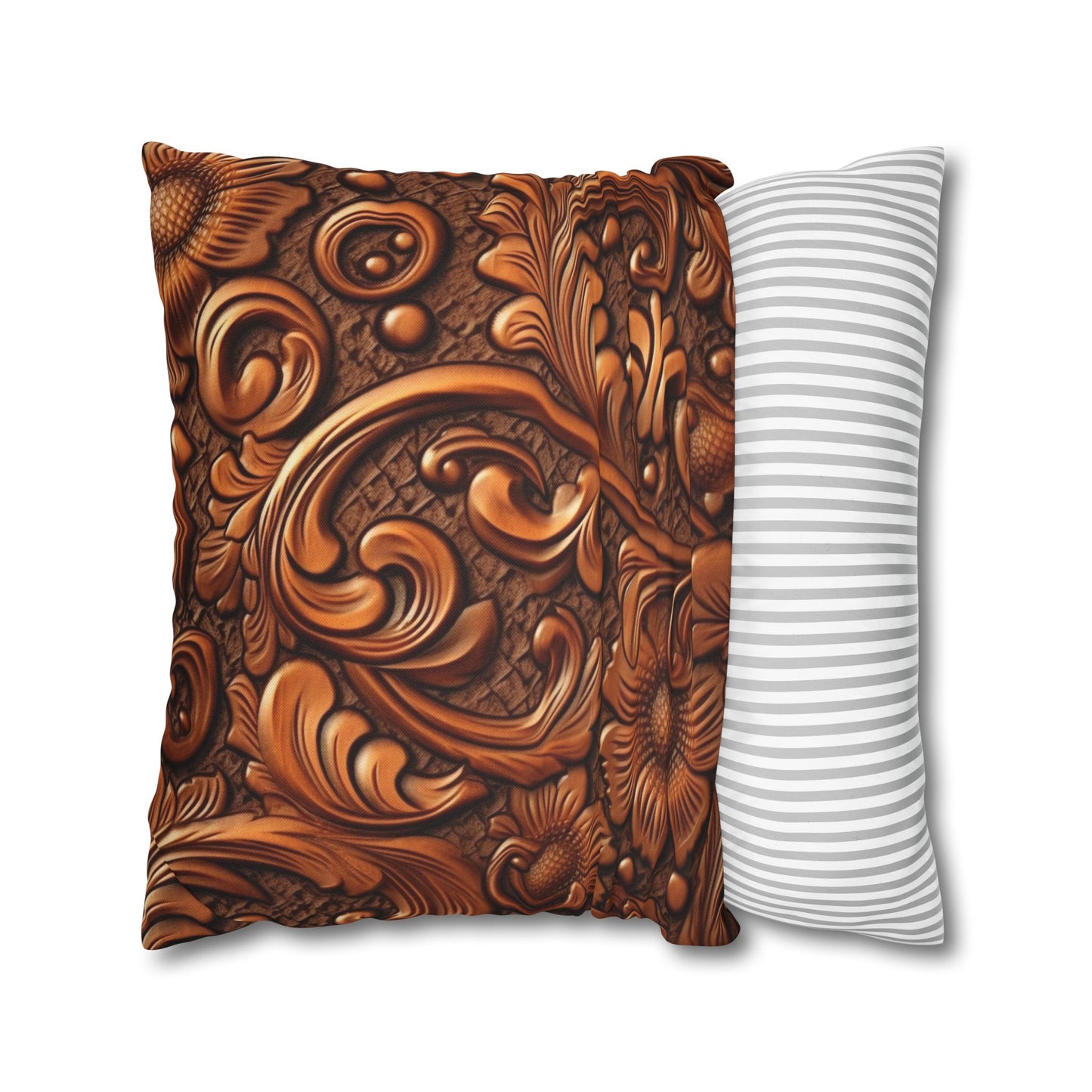 Leather Flower Cognac Classic Brown Timeless American Cowboy Design - Spun Polyester Square Pillow Case