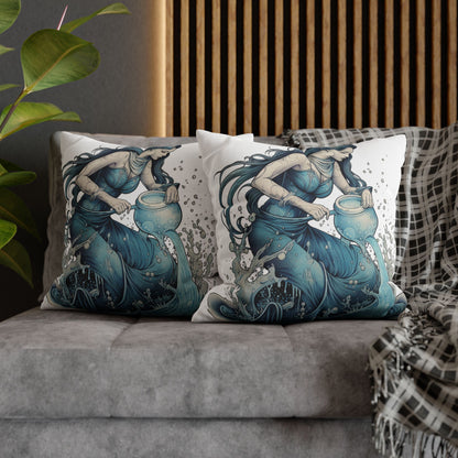 Aquarius Zodiac Symbol - Girl Pouring Water, Hand-Drawn Style - Spun Polyester Square Pillow Case