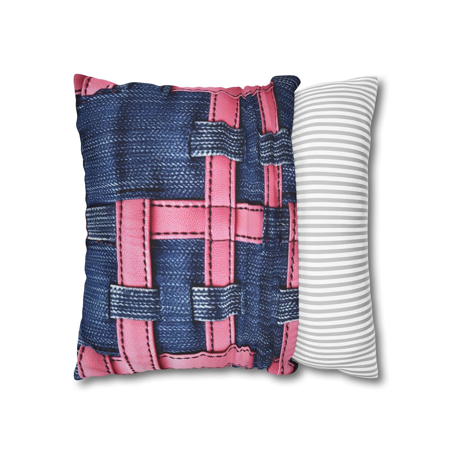 Candy-Striped Crossover: Pink Denim Ribbons Dancing on Blue Stage - Spun Polyester Square Pillow Case