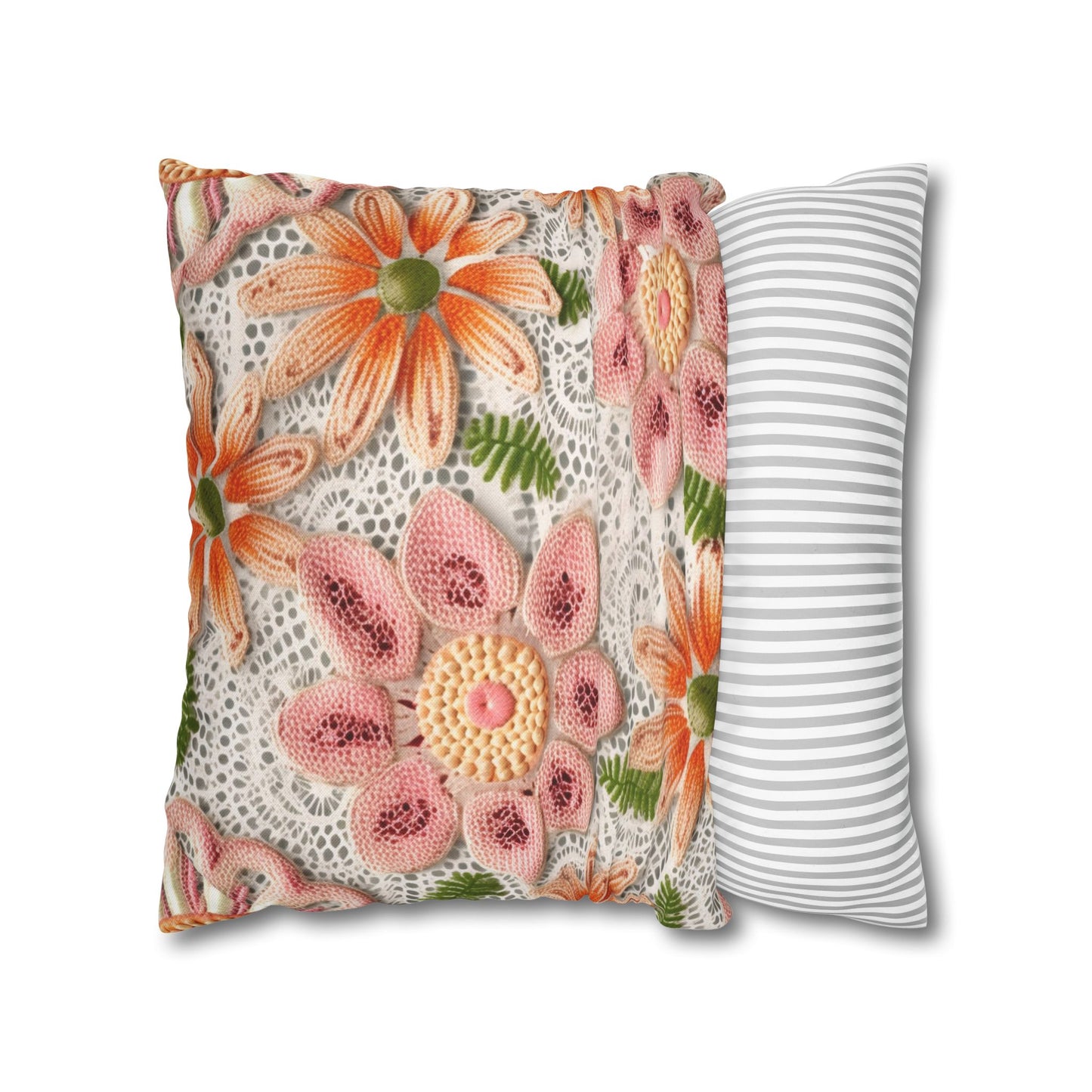 Floral Embroidered Eyelet: Delicate Flower Elegant Pattern - Spun Polyester Square Pillow Case