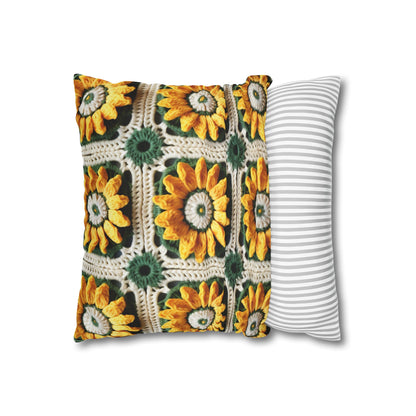 Sunflower Crochet Elegance, Granny Square Design, Radiant Floral Motif. Bring the Warmth of Sunflowers to Your Space - Spun Polyester Square Pillow Case