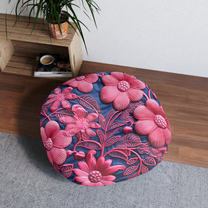 Denim Blue Doll Pink Floral Embroidery Style Fabric Flowers - Tufted Floor Pillow, Round