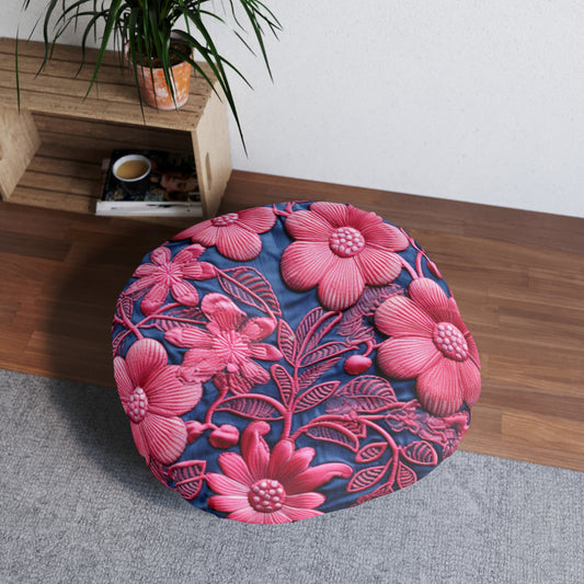 Denim Blue Doll Pink Floral Embroidery Style Fabric Flowers - Tufted Floor Pillow, Round