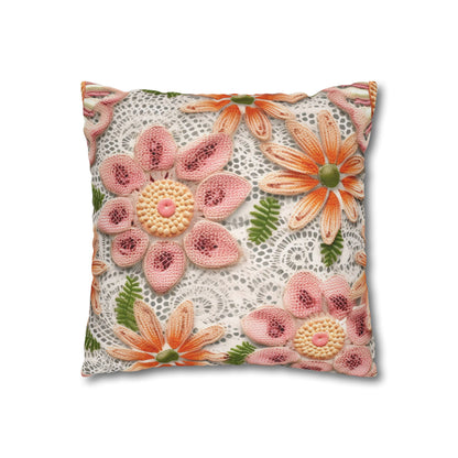 Floral Embroidered Eyelet: Delicate Flower Elegant Pattern - Spun Polyester Square Pillow Case