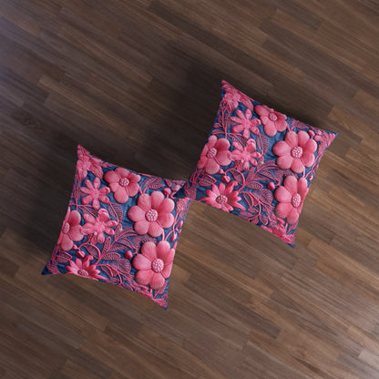 Denim Blue Doll Pink Floral Embroidery Style Fabric Flowers - Tufted Floor Pillow, Square