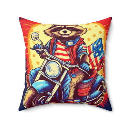 Red White and Blue American Raccoon Biker Motorcyclist Graphic Spun Polyester Square Pillow