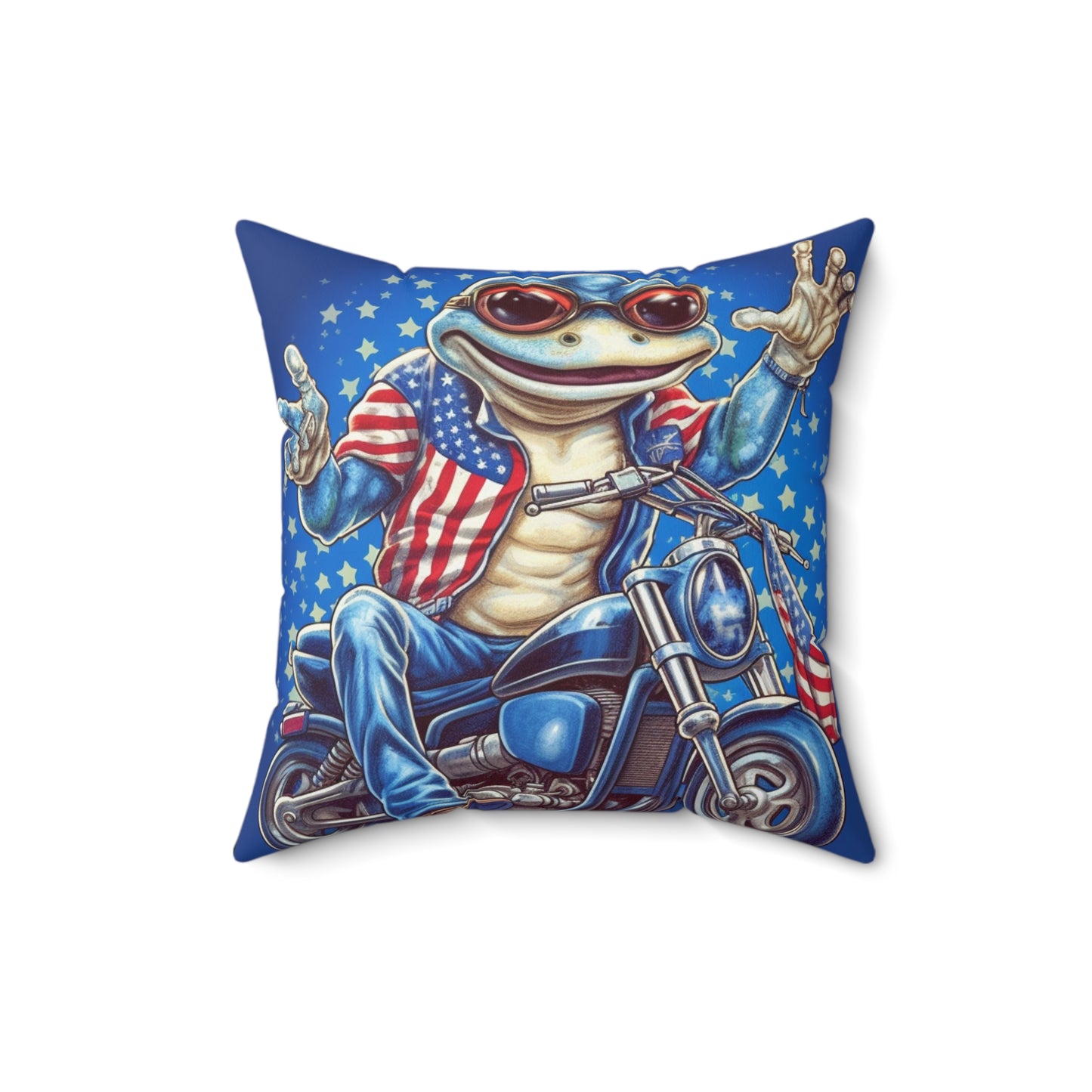 Frog Motorcycle Rider 4th of July USA Patriotic American Graphic Spun Polyester Square Pillow