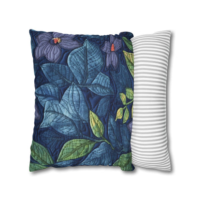 Floral Embroidery Blue: Denim-Inspired, Artisan-Crafted Flower Design - Spun Polyester Square Pillow Case