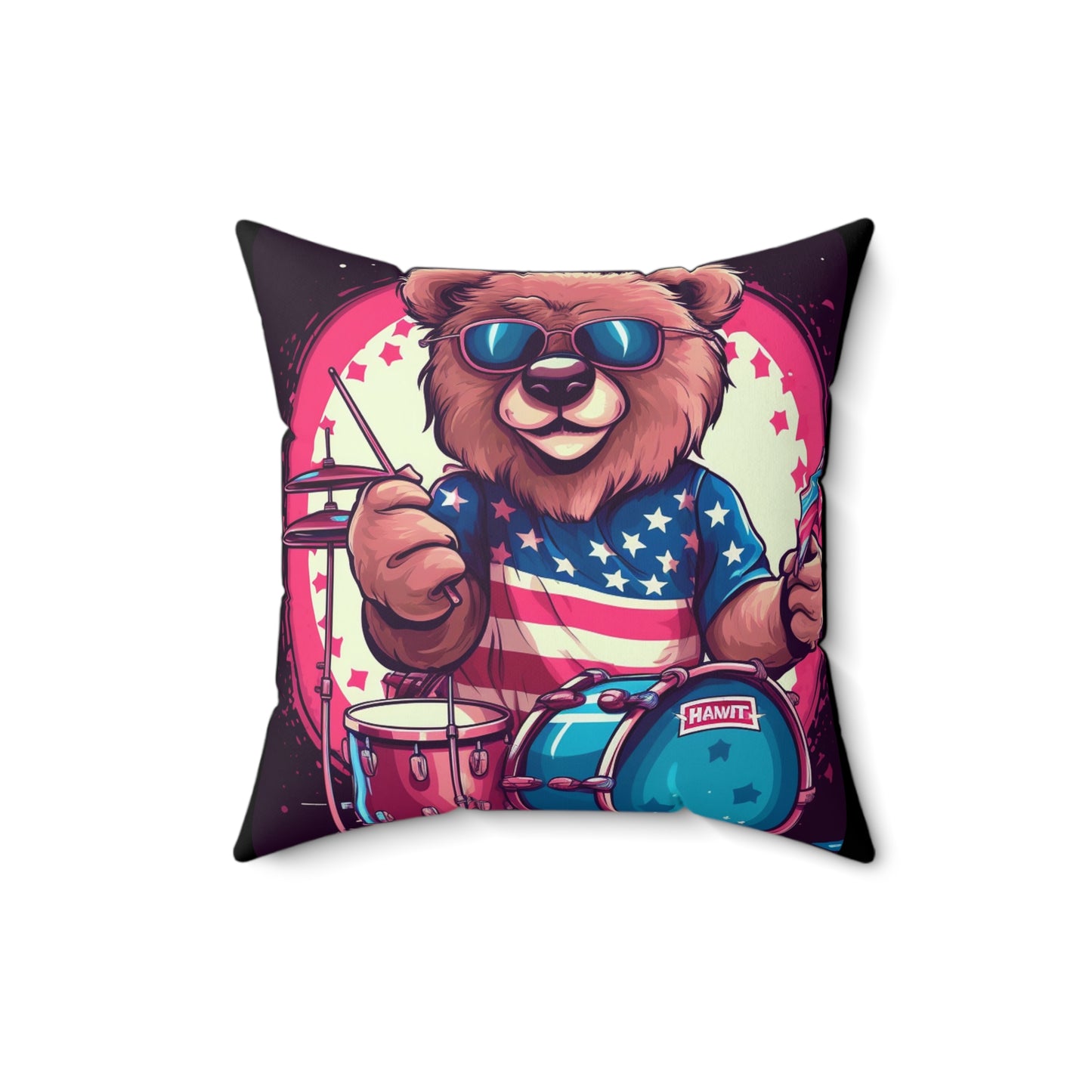 Drumroll for Freedom: Celebrate 4th of July with the Patriotic Bear's Rhythms Spun Polyester Square Pillow