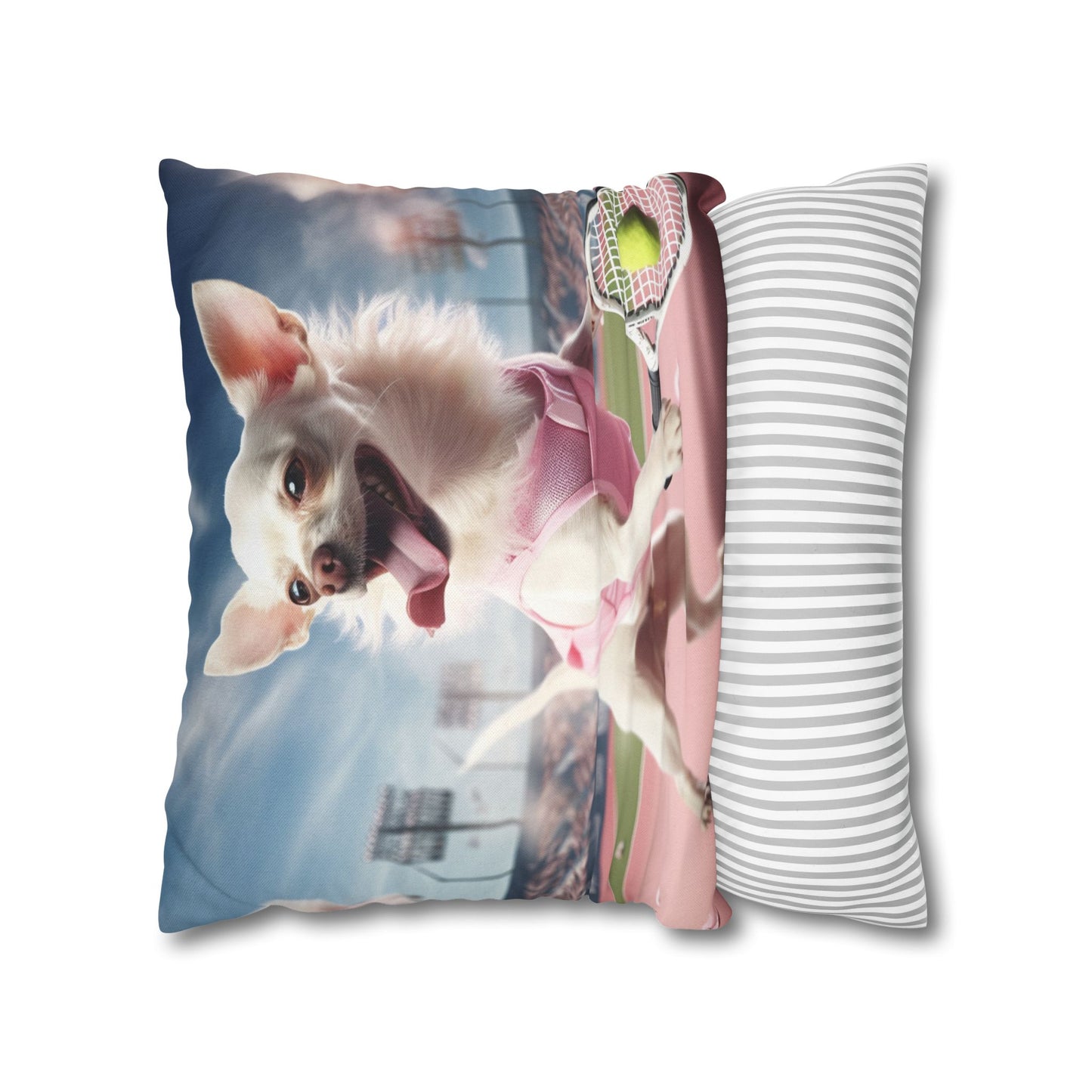 Chihuahua Tennis Ace: Dog Pink Outfit, Court Atheletic Sport Game - Spun Polyester Square Pillow Case