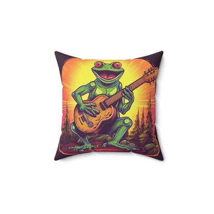 Classic Frog ontop a log Style Guitar Playing Musician Spun Polyester Square Pillow