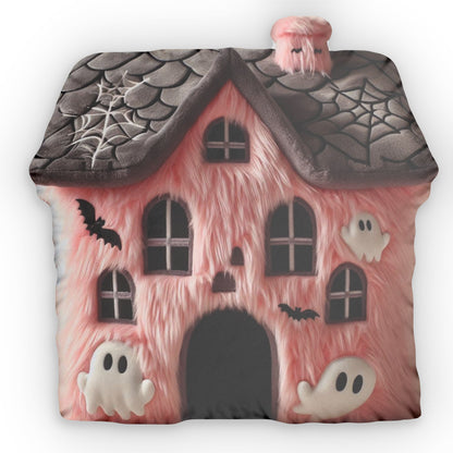 Pink Haunted House Shaped Pillow, Spooky Halloween Dollhouse Decor