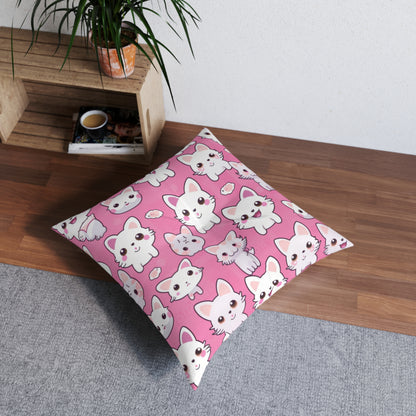 Adorable Cartoon-Style Anime Kitten, Cat, Kitty Pattern - Cute and Colorful - Tufted Floor Pillow, Square