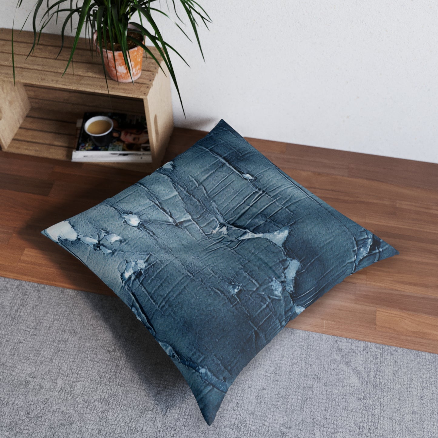 Distressed Blue Denim-Look: Edgy, Torn Fabric Design - Tufted Floor Pillow, Square