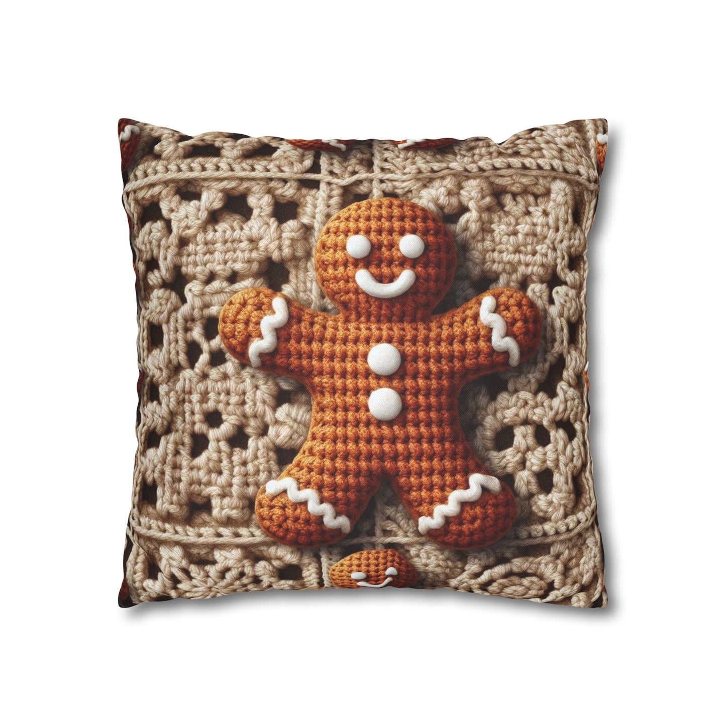 Rustic Gingerbread Delights: Christmas Crochet Gingerbread Men on Classic Beige Granny Squares - Spun Polyester Square Pillow Case