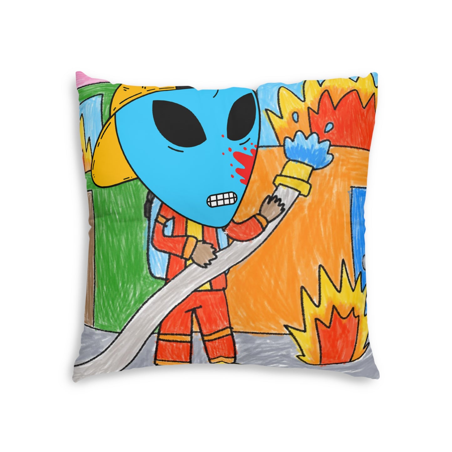 Fireman Fire Fighter Alien Blue Blood Visitor Hero Tufted Floor Pillow, Square