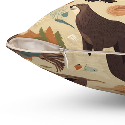 U.S. Wilderness Inspired: Grizzly Bears, Animals Pattern Spun Polyester Square Pillow