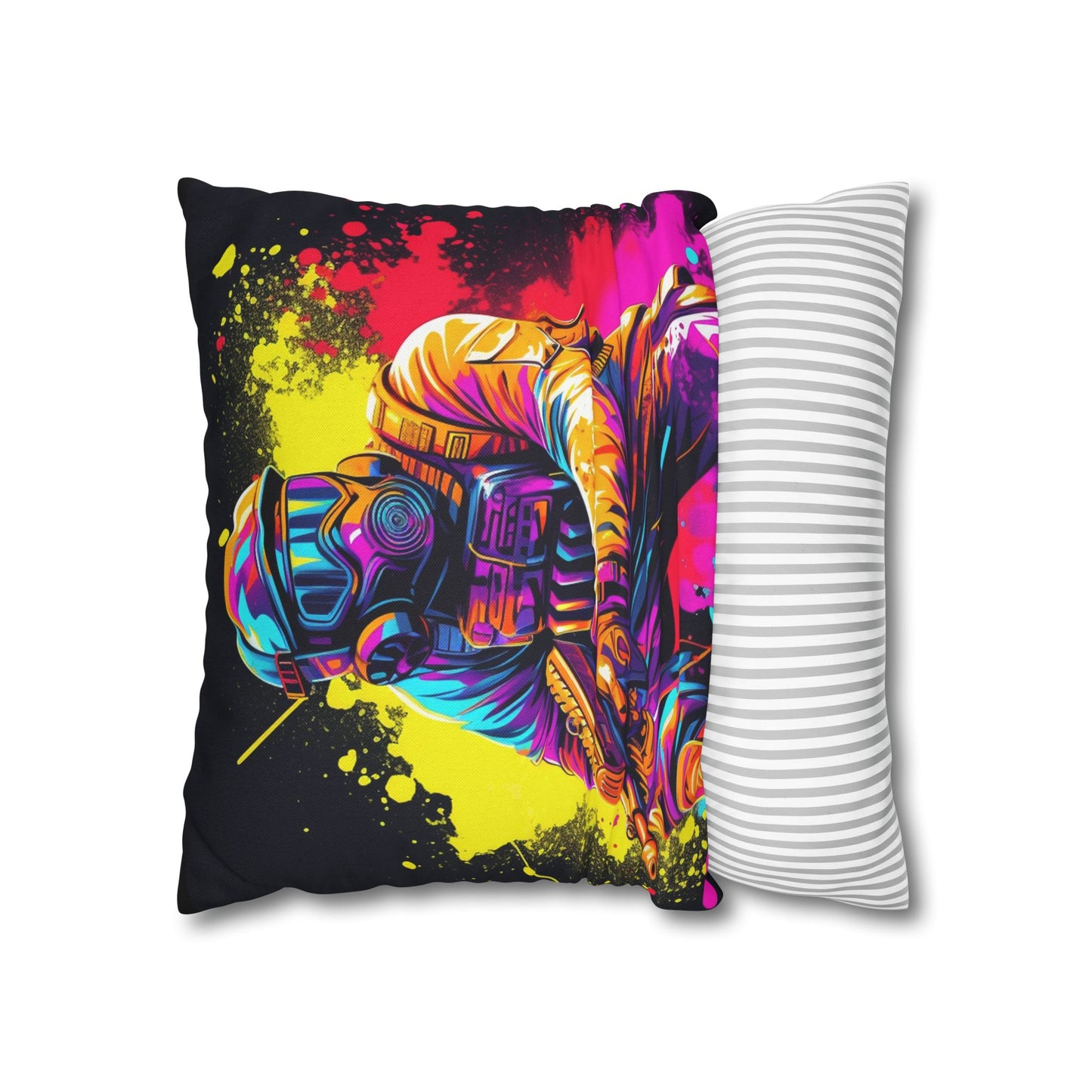 Paintball Action Sport: Player in Battle, Paint Splatter - Spun Polyester Square Pillow Case