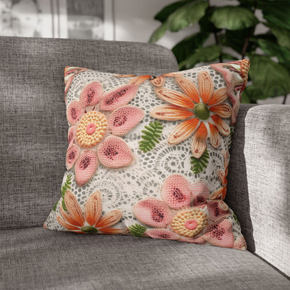 Floral Embroidered Eyelet: Delicate Flower Elegant Pattern - Spun Polyester Square Pillow Case