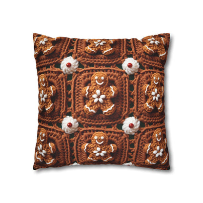 Gingerbread Man Crochet, Classic Christmas Cookie Design, Festive Yuletide Craft. Holiday Decor - Spun Polyester Square Pillow Case