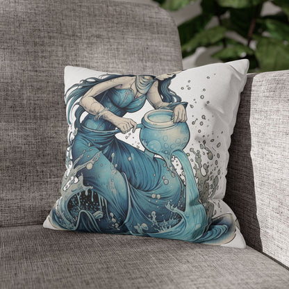 Aquarius Zodiac Symbol - Girl Pouring Water, Hand-Drawn Style - Spun Polyester Square Pillow Case