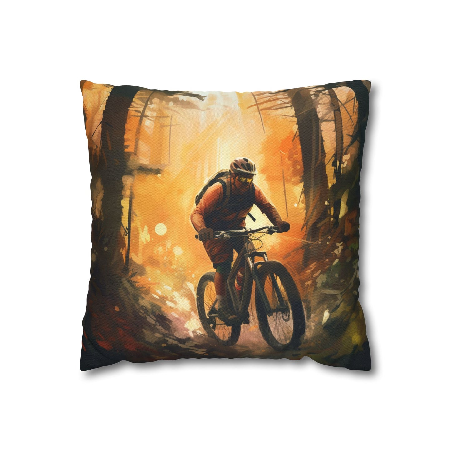 Mountain Bike Adventure - Forest Trail Graphic Spun Polyester Square Pillow Case