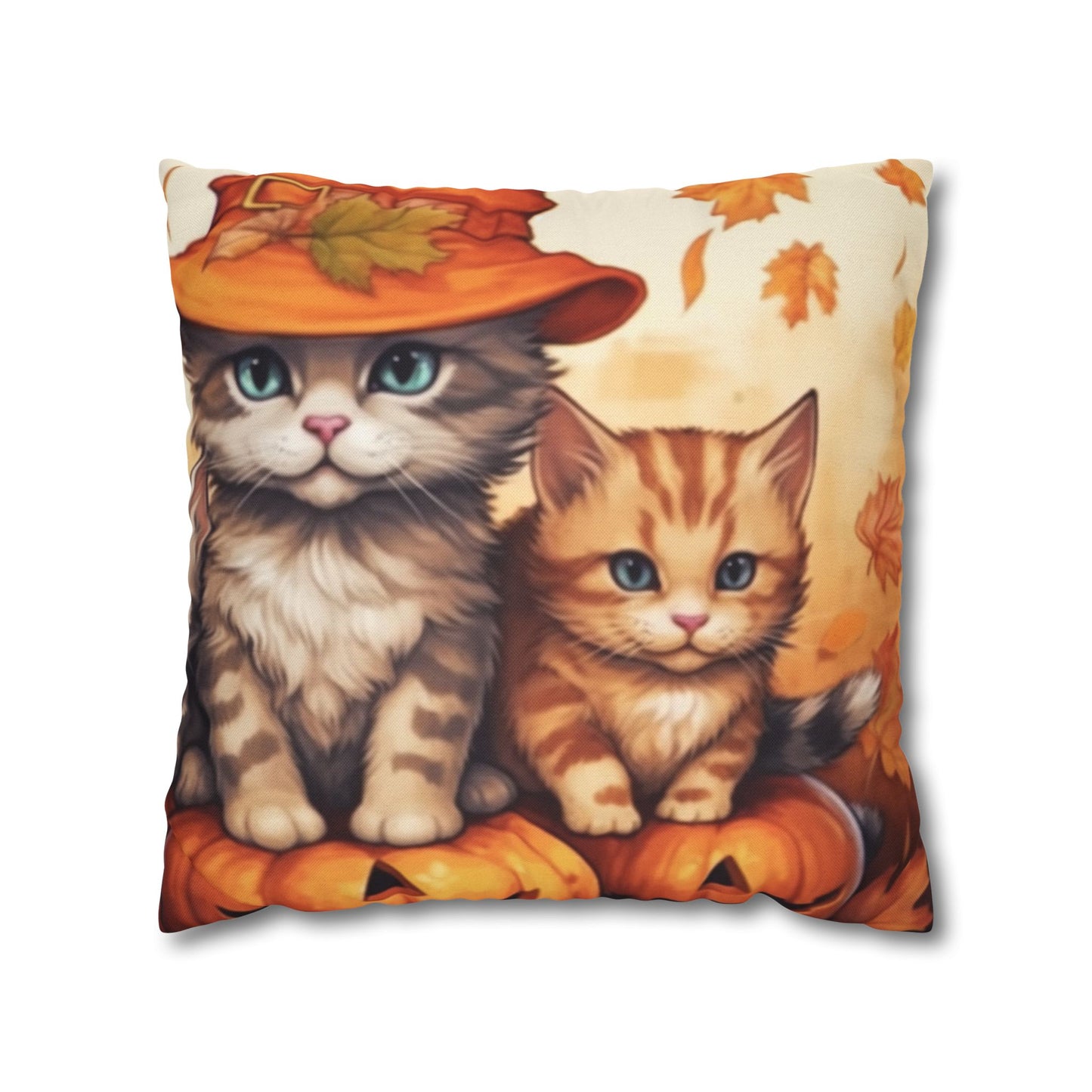 Kitty Cat Kittens Halloween - Cute Furries on Pumpkin - Festive Feline Decor - Spun Polyester Square Pillow Case