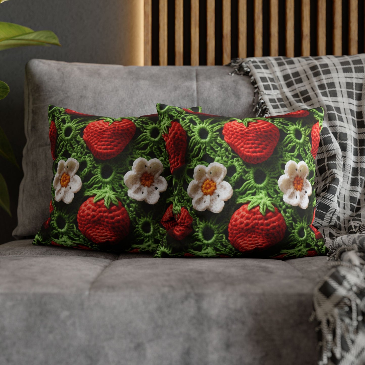 Strawberry Field Crochet - Forever Forest Greens - Fruit Berry Harvest Crop - Spun Polyester Square Pillow Case