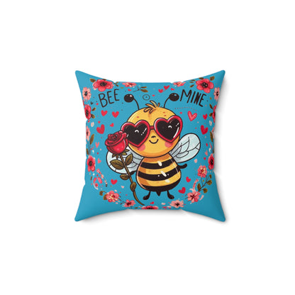 Whimsical Bee Love: Heartfelt Valentines Design with Floral Accents and Heart Sunglasses - Romantic - Spun Polyester Square Pillow