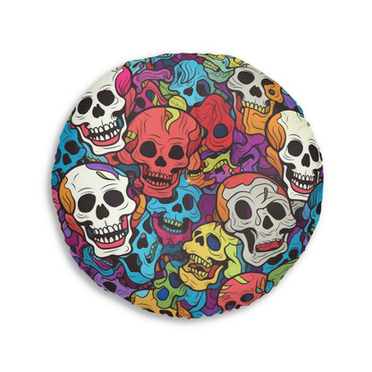 Psychedelic Rainbow Skull Head Pattern, Vibrant Colors - Tufted Floor Pillow, Round