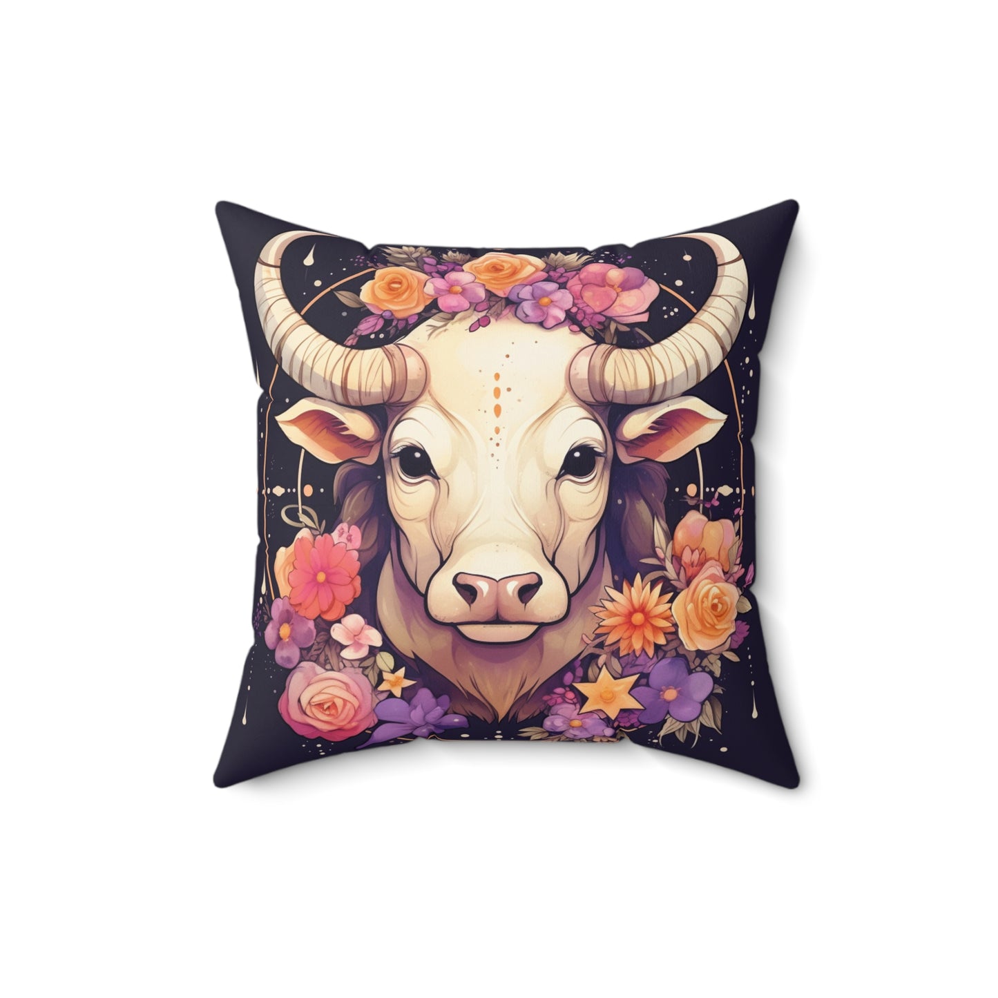 Taurus Zodiac Bull Flower Accents - Astrology Sign - Spun Polyester Square Pillow